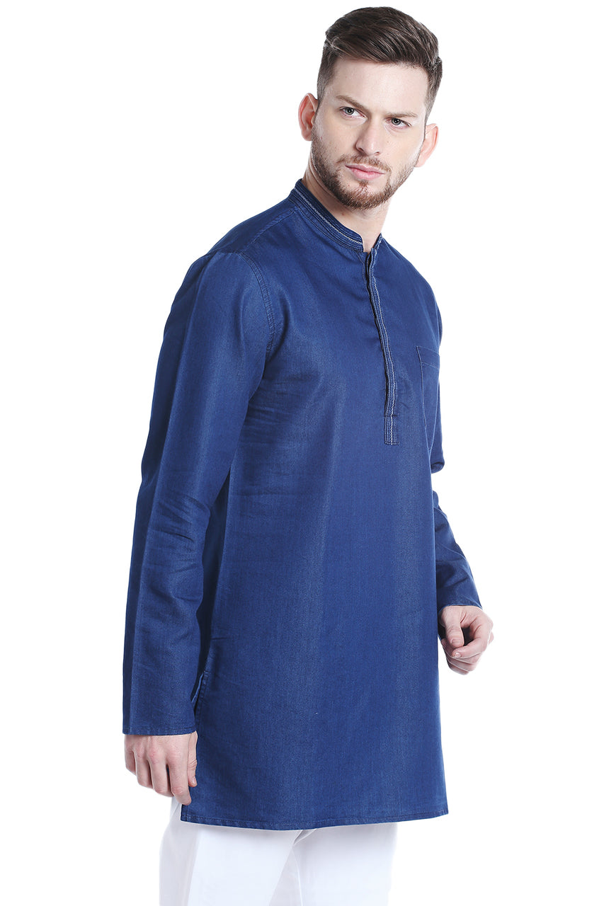 Men's blue cotton blend mandarin collar knee-length kurta, side view.