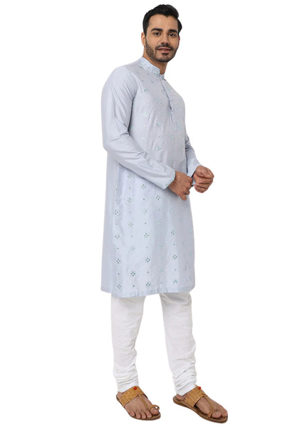 Men's blue embellished rayon knee-length kurta, alternate front view.
