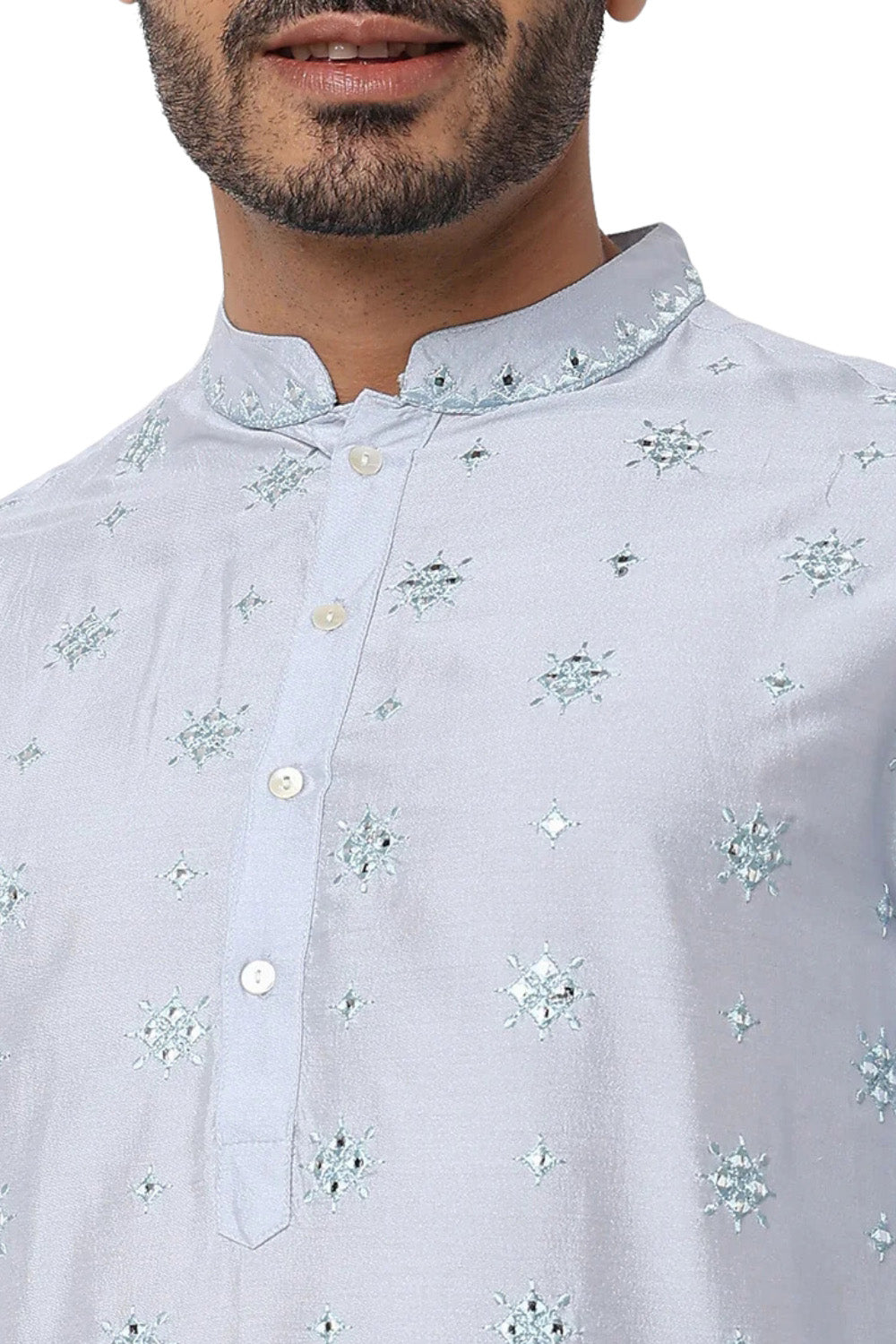 Men's blue embellished rayon knee-length kurta, alternate side view.