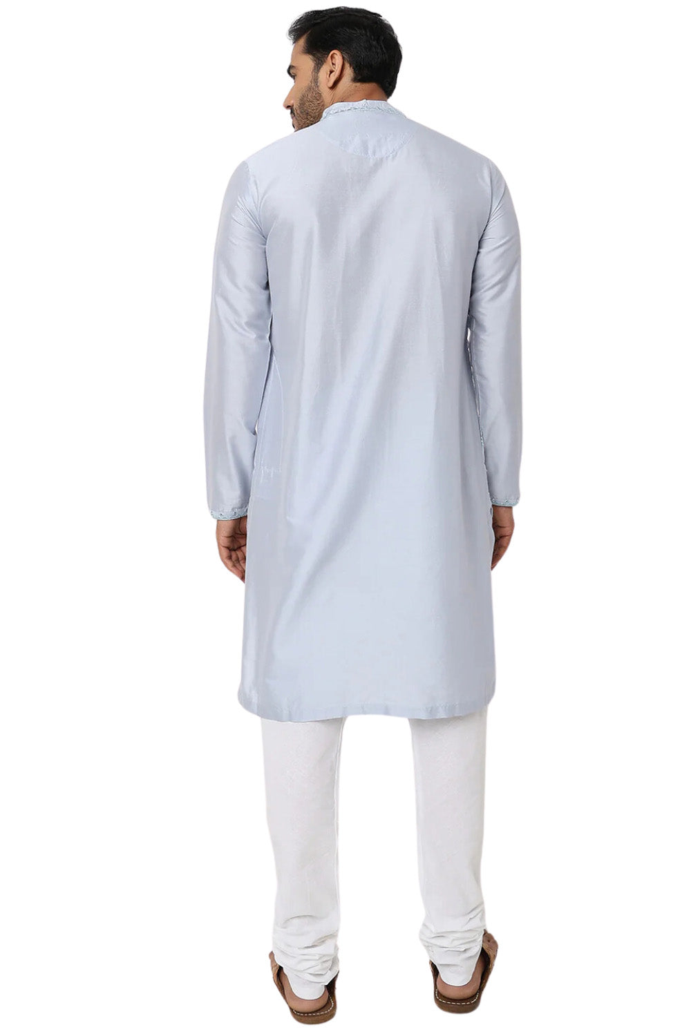 Men's blue embellished rayon knee-length kurta, back view.