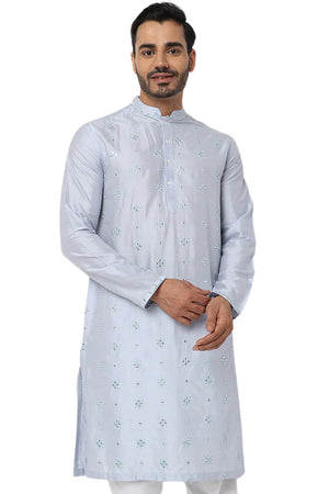 Men's blue embellished rayon knee-length kurta, front view.