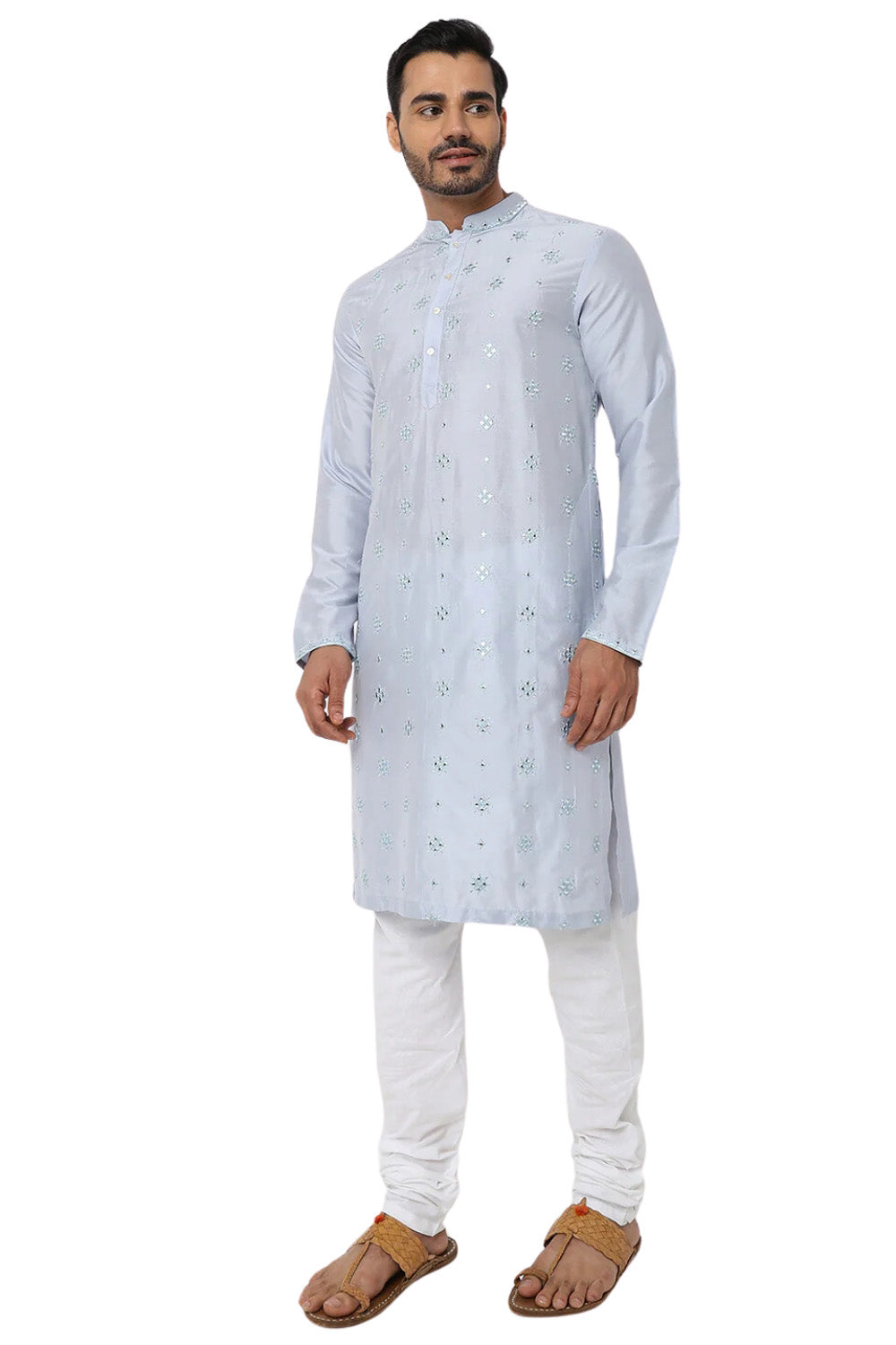 Men's blue embellished rayon knee-length kurta, side view.