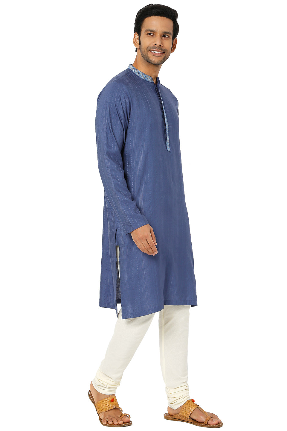 Men's blue embroidered cotton knee-length kurta, alternate front view.