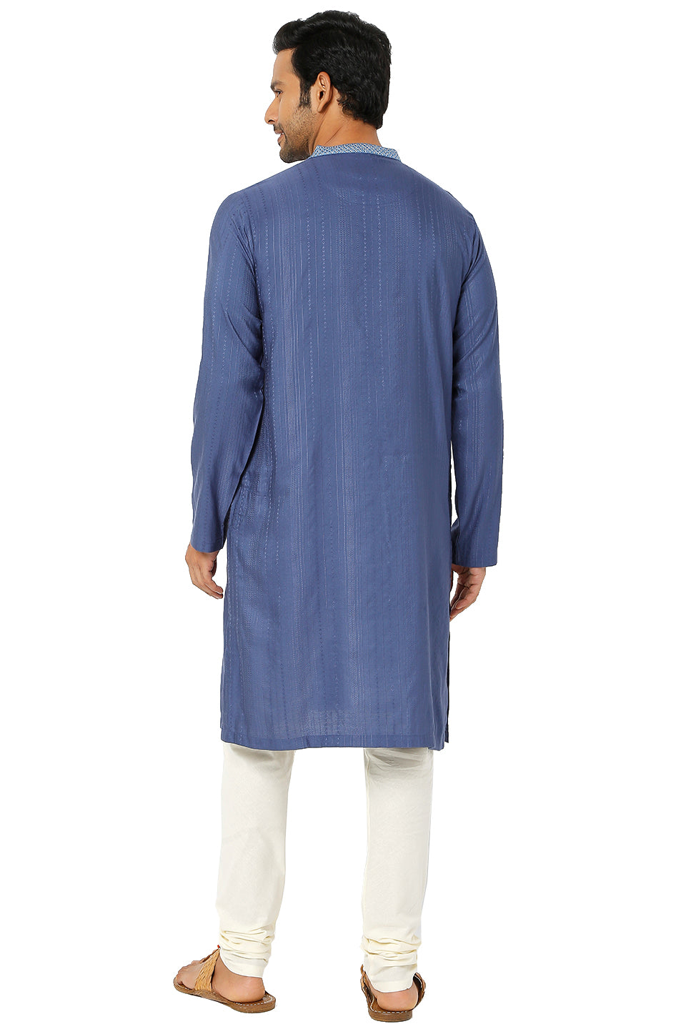 Men's blue embroidered cotton knee-length kurta, alternate side view.