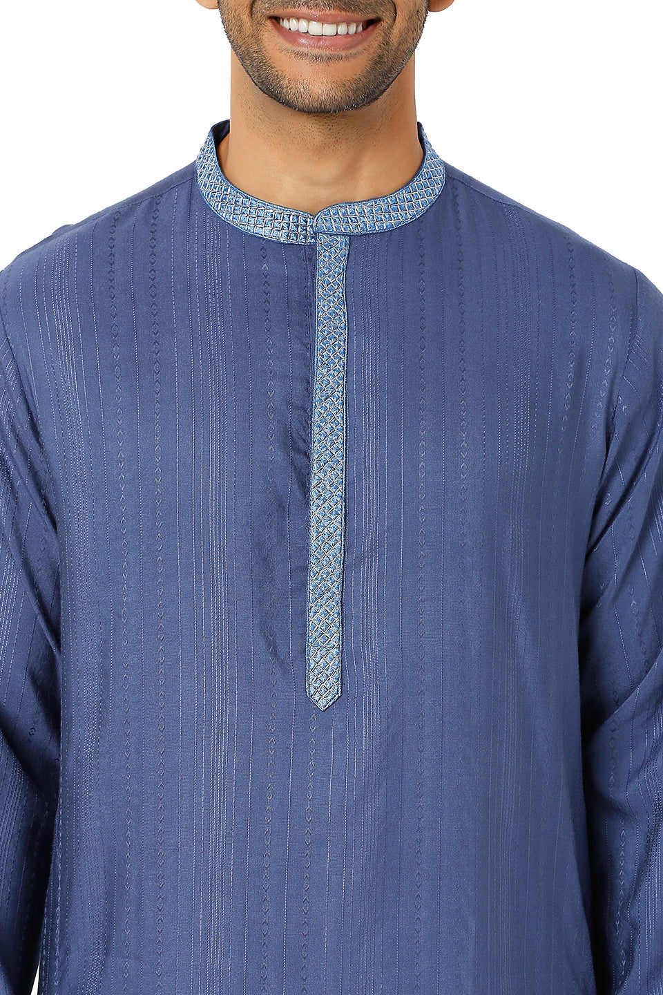 Men's blue embroidered cotton knee-length kurta, back view.