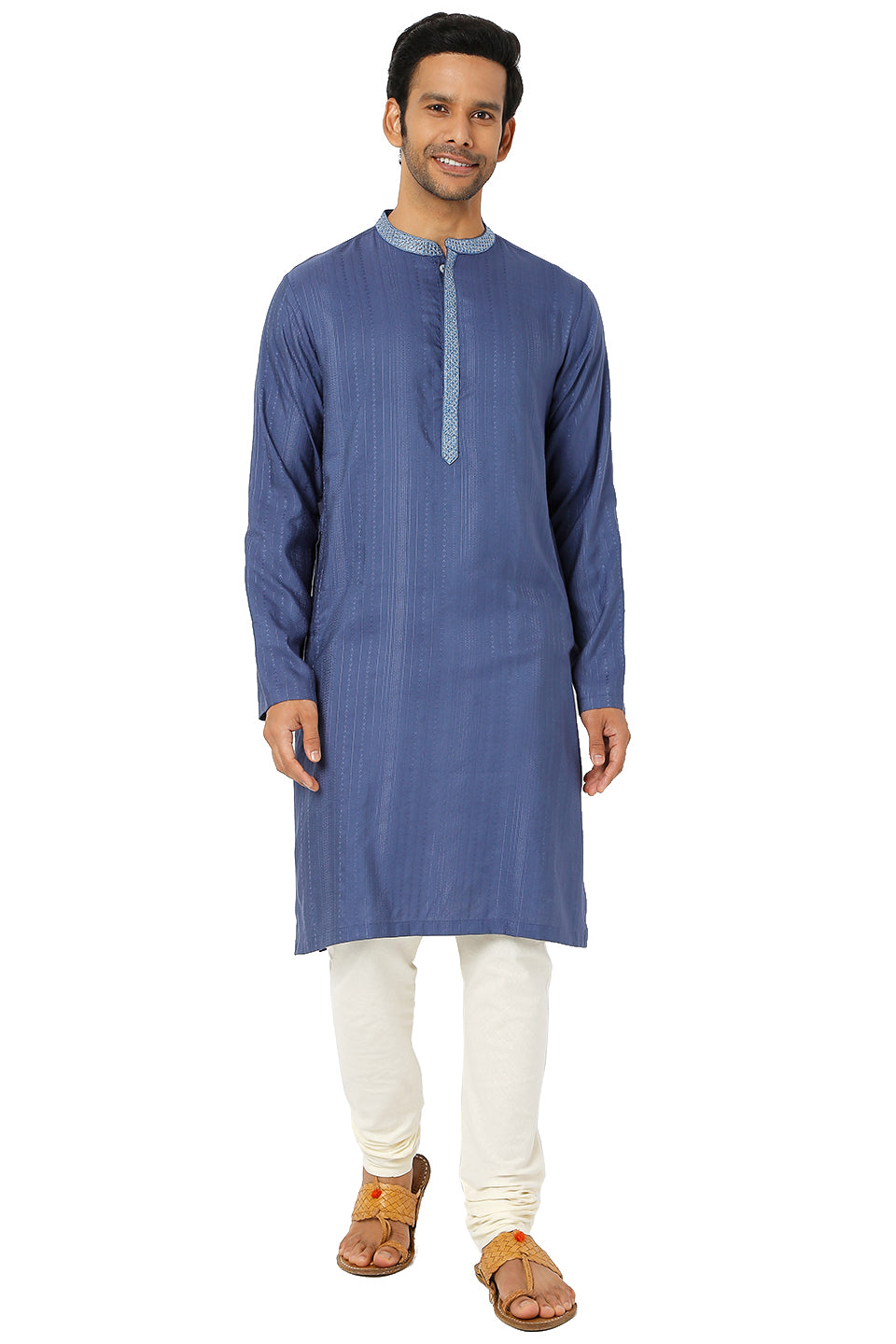 Men's blue embroidered cotton knee-length kurta, close-up detail.