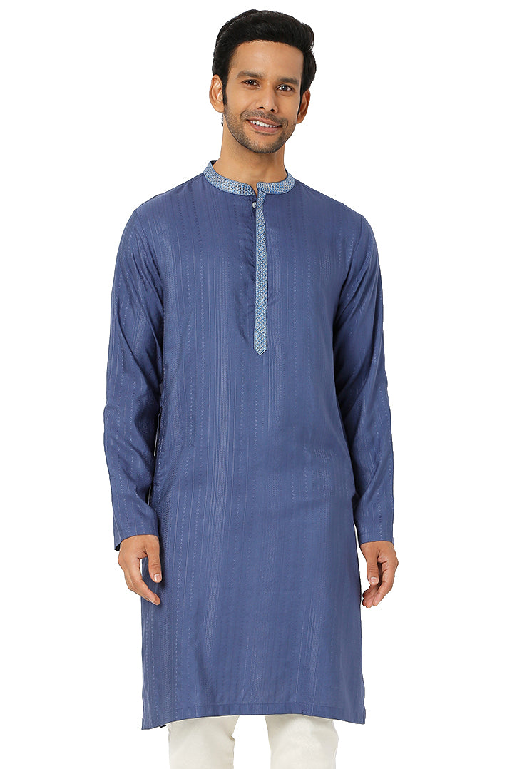 Men's blue embroidered cotton knee-length kurta, front view.
