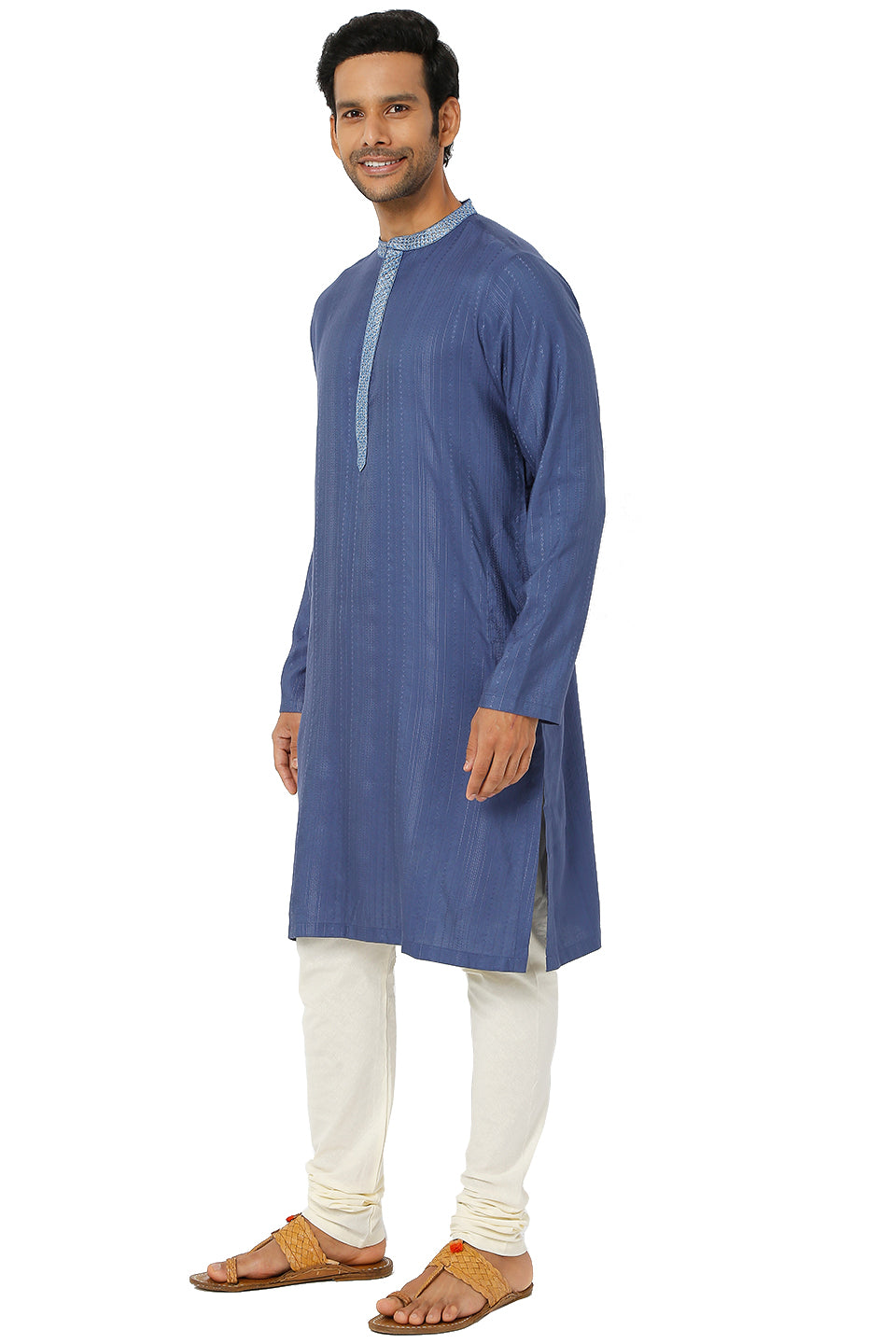 Men's blue embroidered cotton knee-length kurta, side view.