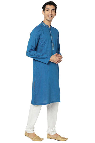 Men's blue embroidered cotton knee-length kurta style 2, alternate front view.