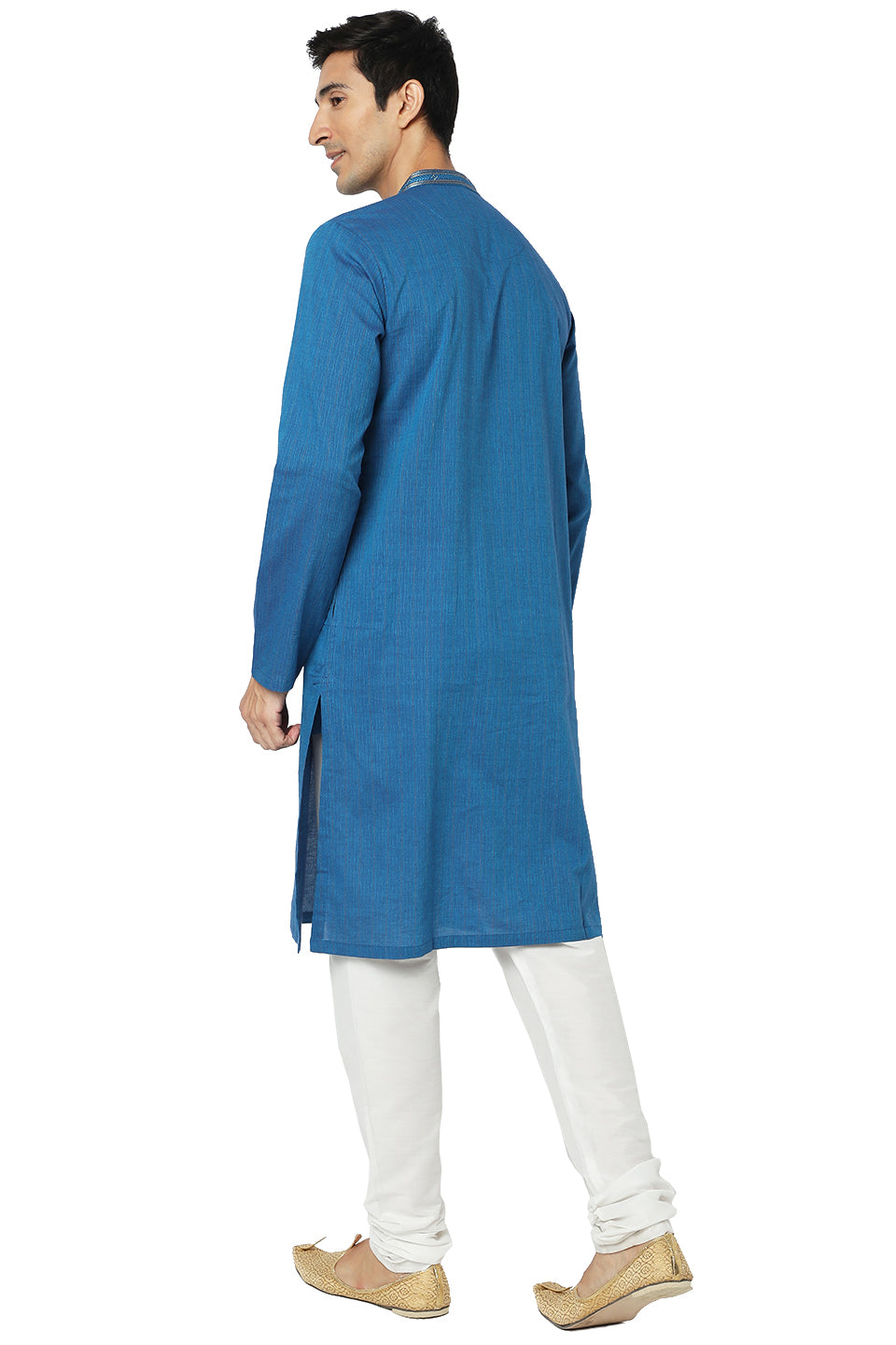 Men's blue embroidered cotton knee-length kurta style 2, alternate side view.