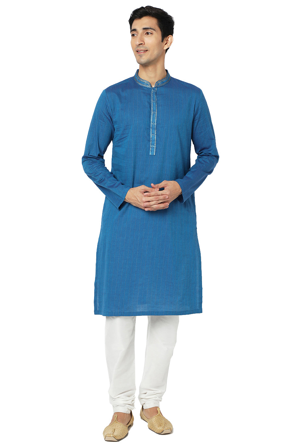 Men's blue embroidered cotton knee-length kurta style 2, close-up detail.