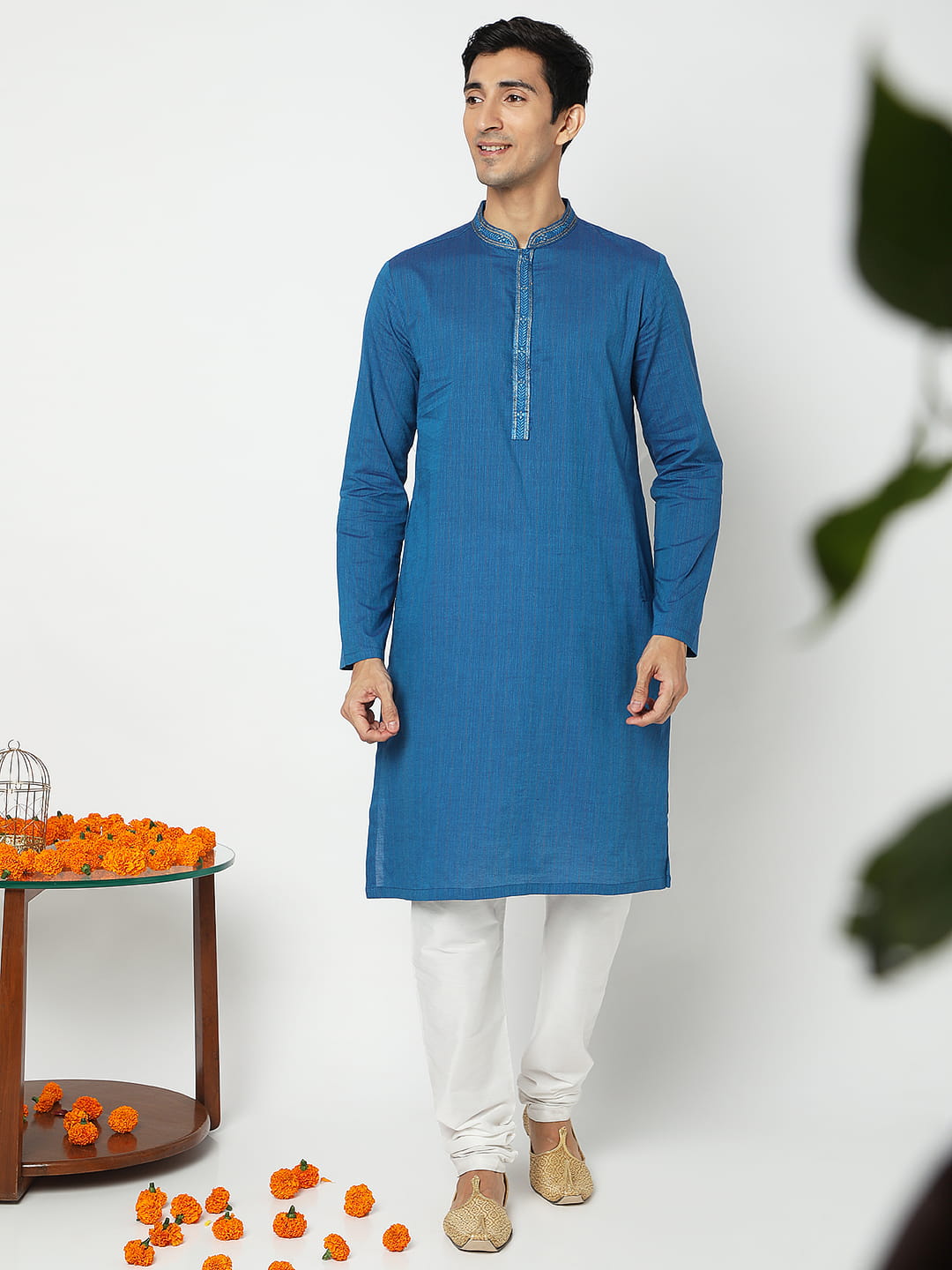 Men's blue embroidered cotton knee-length kurta style 2, collar and neckline detail.