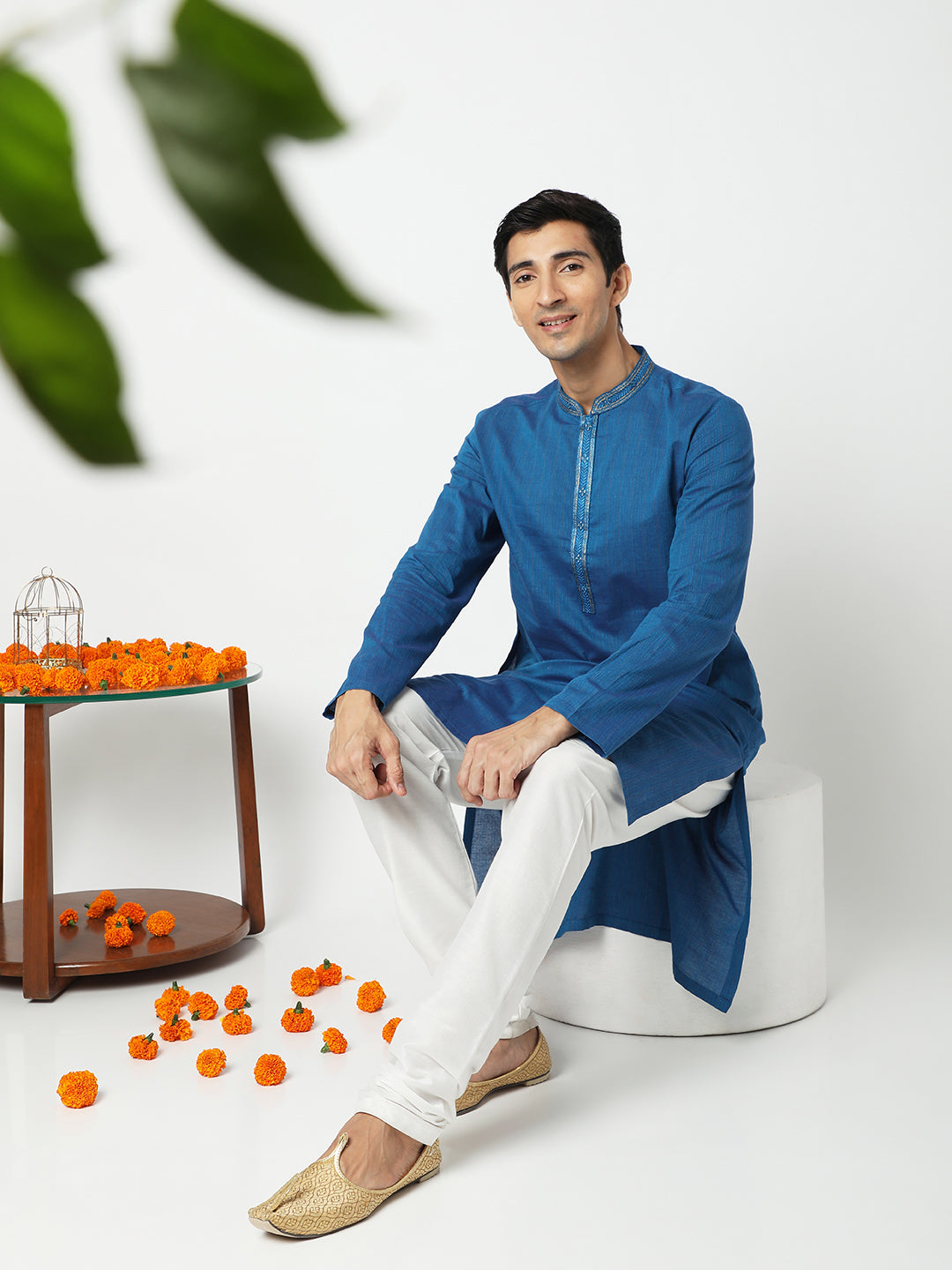 Men's blue embroidered cotton knee-length kurta style 2, fabric texture detail.