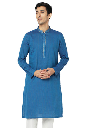 Men's blue embroidered cotton knee-length kurta style 2, front view.