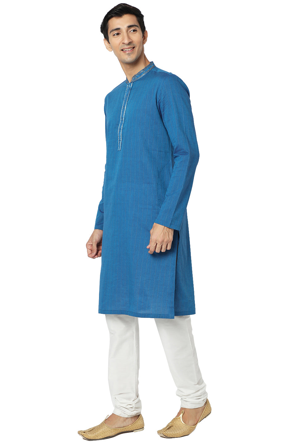 Men's blue embroidered cotton knee-length kurta style 2, side view.