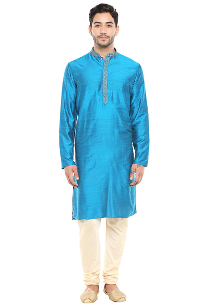 Men's blue embroidered cotton knee-length kurta style 3, alternate front view.
