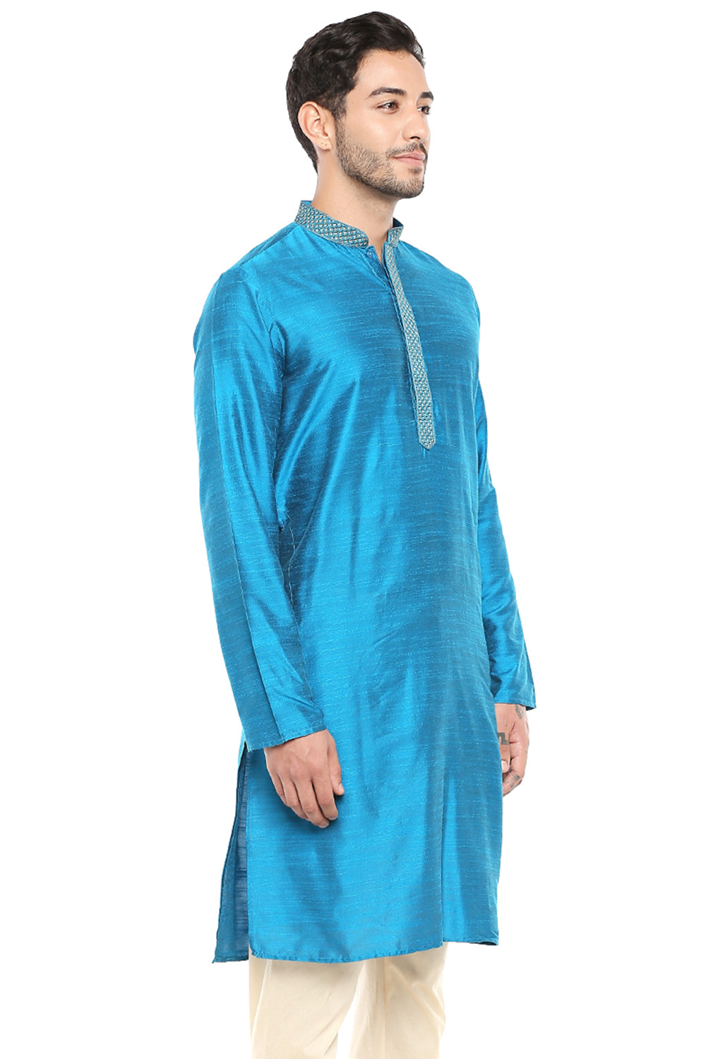 Men's blue embroidered cotton knee-length kurta style 3, alternate side view.