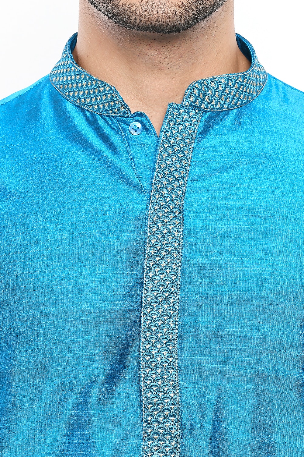 Men's blue embroidered cotton knee-length kurta style 3, close-up detail.