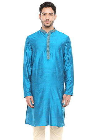 Men's blue embroidered cotton knee-length kurta style 3, front view.
