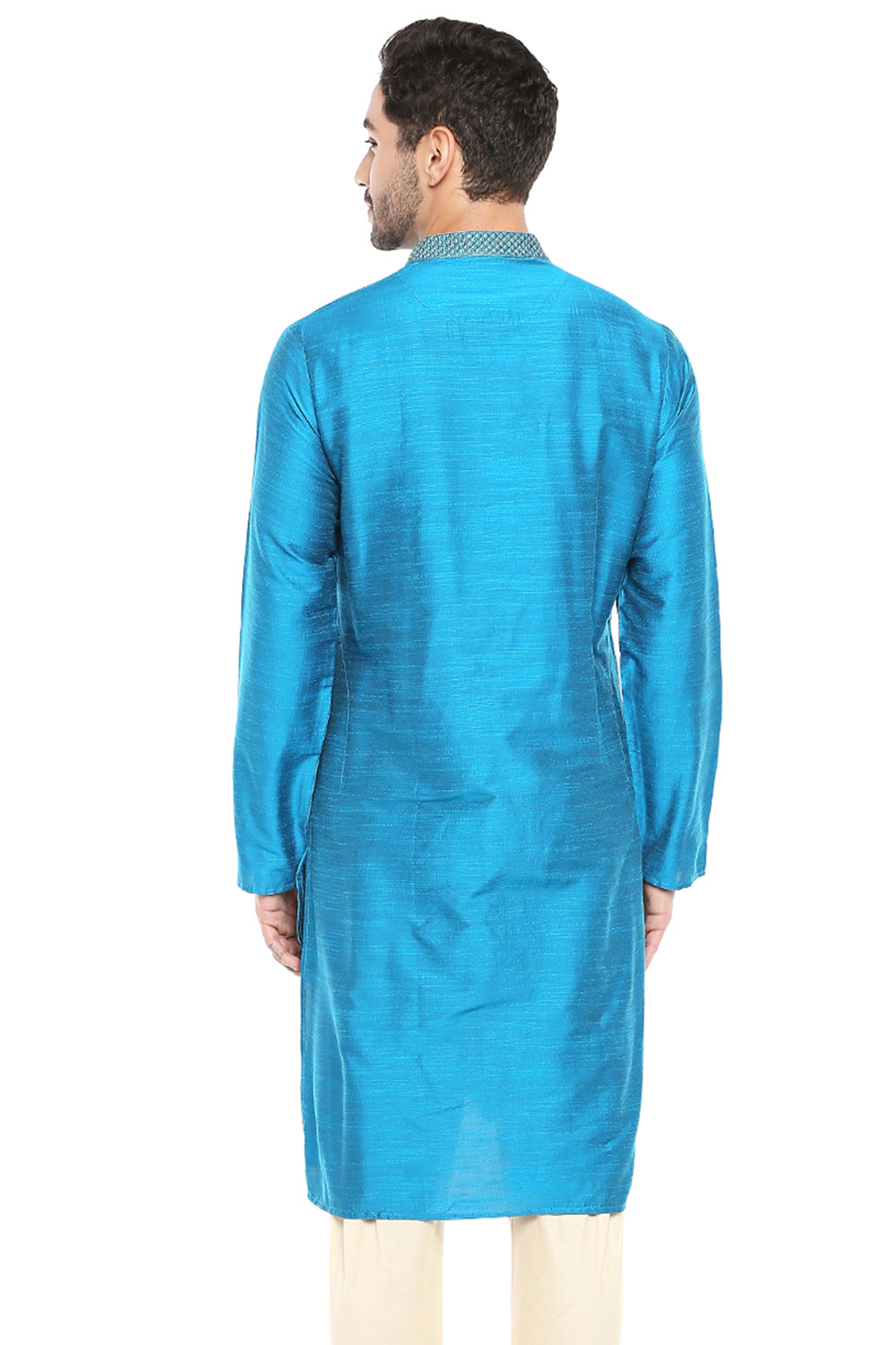 Men's blue embroidered cotton knee-length kurta style 3, side view.