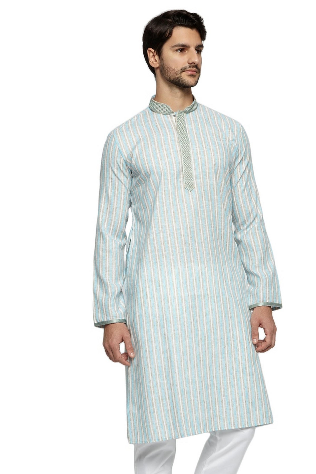 Men's blue embroidered knee-length kurta, alternate front view.