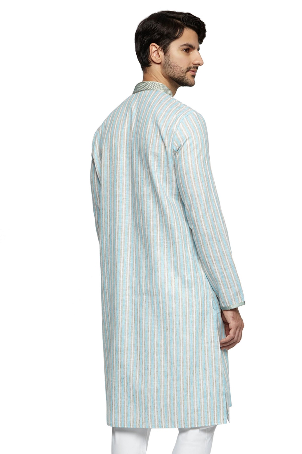 Men's blue embroidered knee-length kurta, alternate side view.