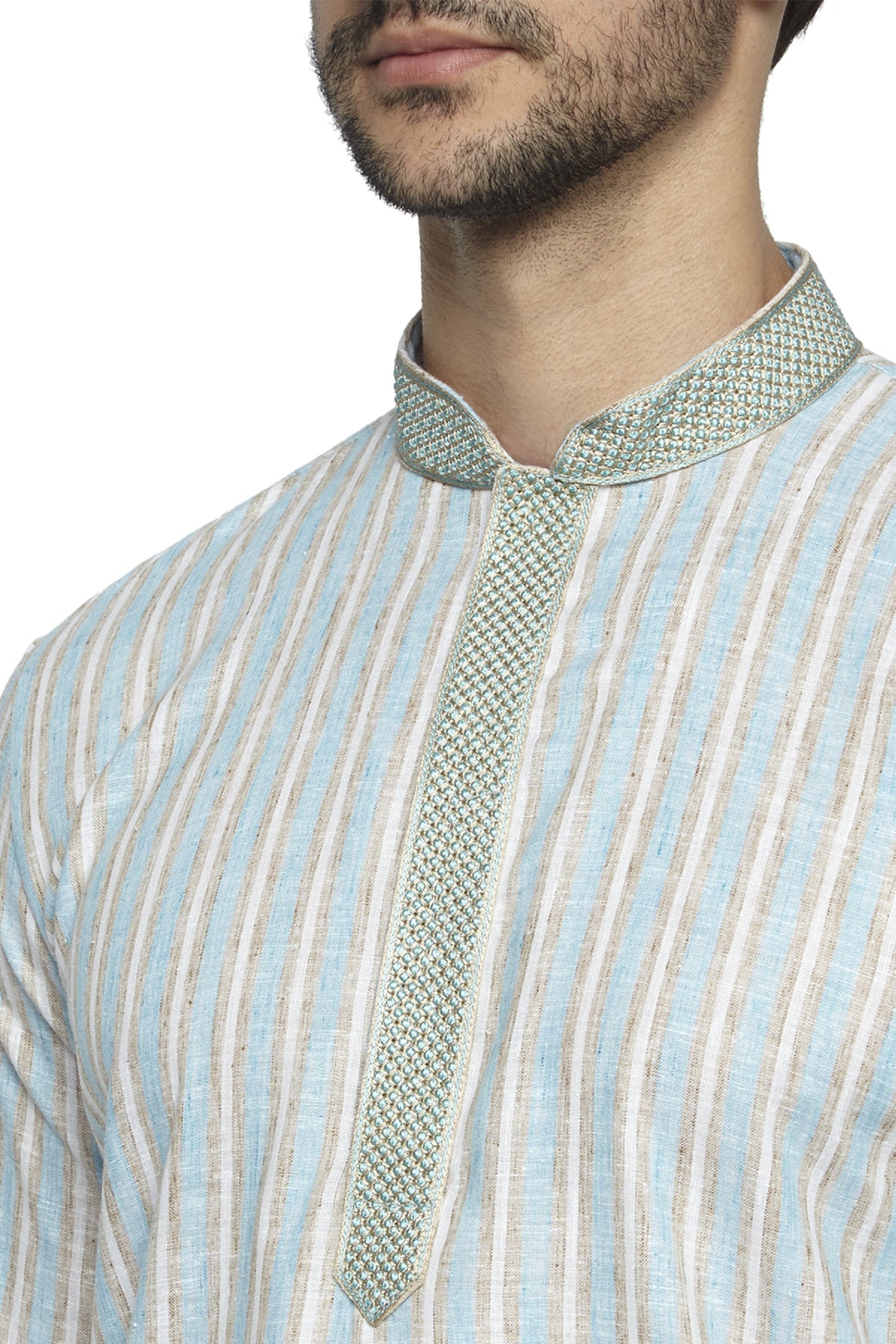 Men's blue embroidered knee-length kurta, back view.