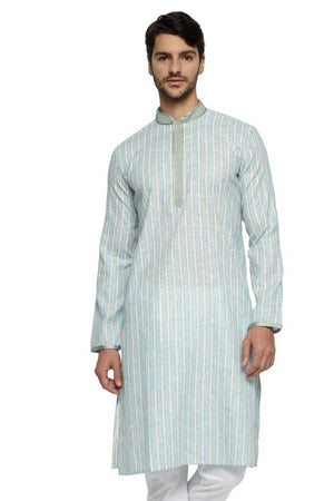 Men's blue embroidered knee-length kurta, front view.