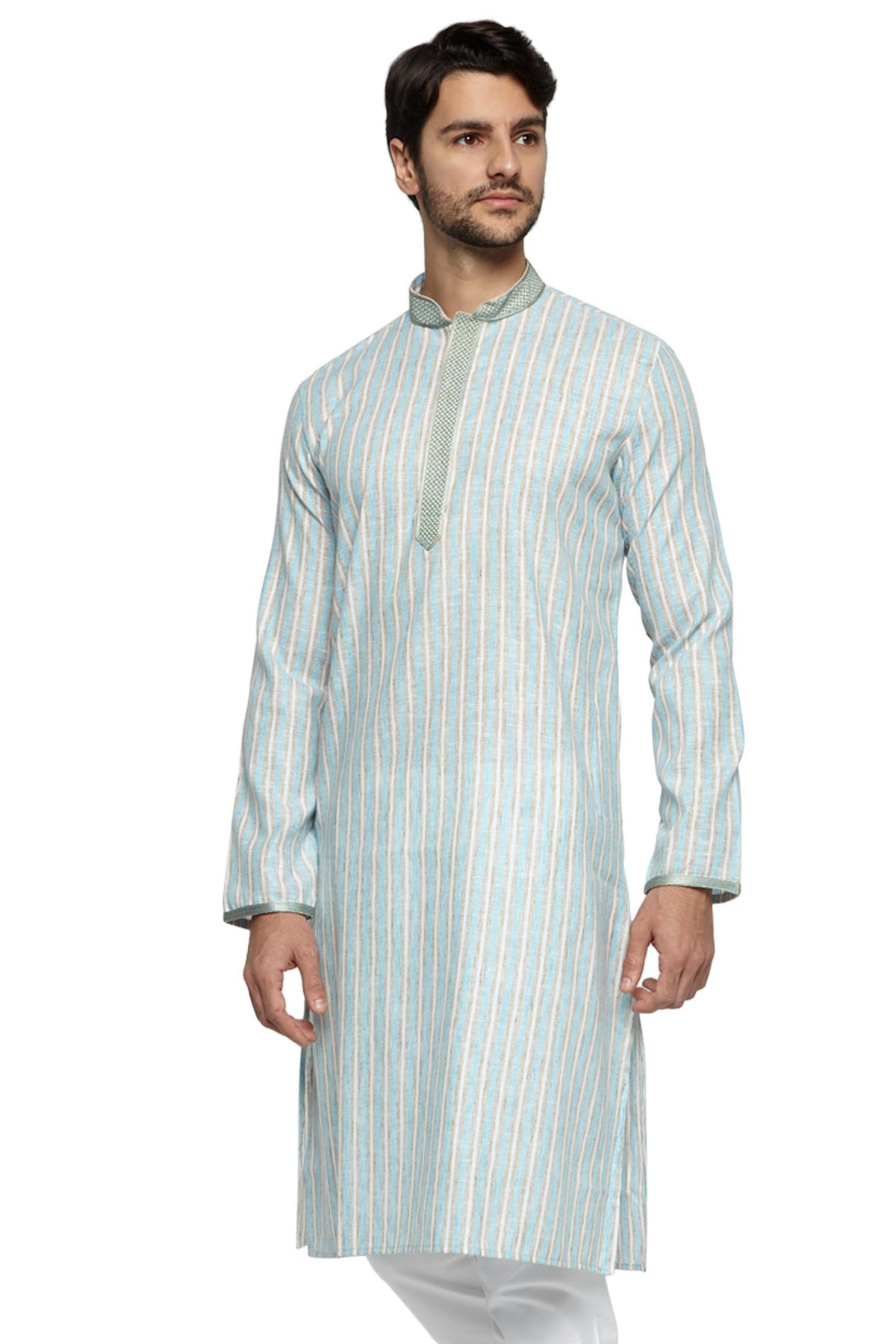 Men's blue embroidered knee-length kurta, side view.