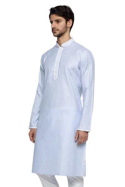 Men's blue embroidered knee-length kurta style 2, alternate front view.