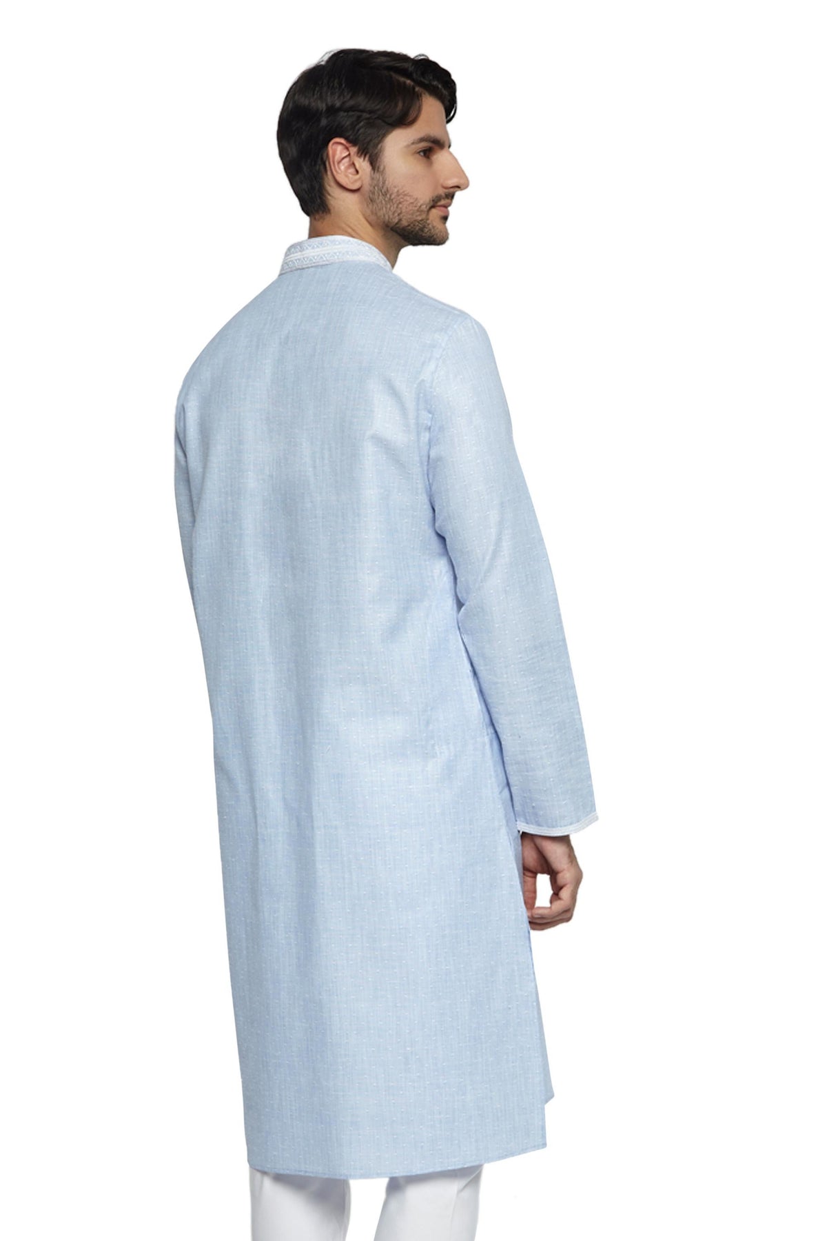 Men's blue embroidered knee-length kurta style 2, alternate side view.