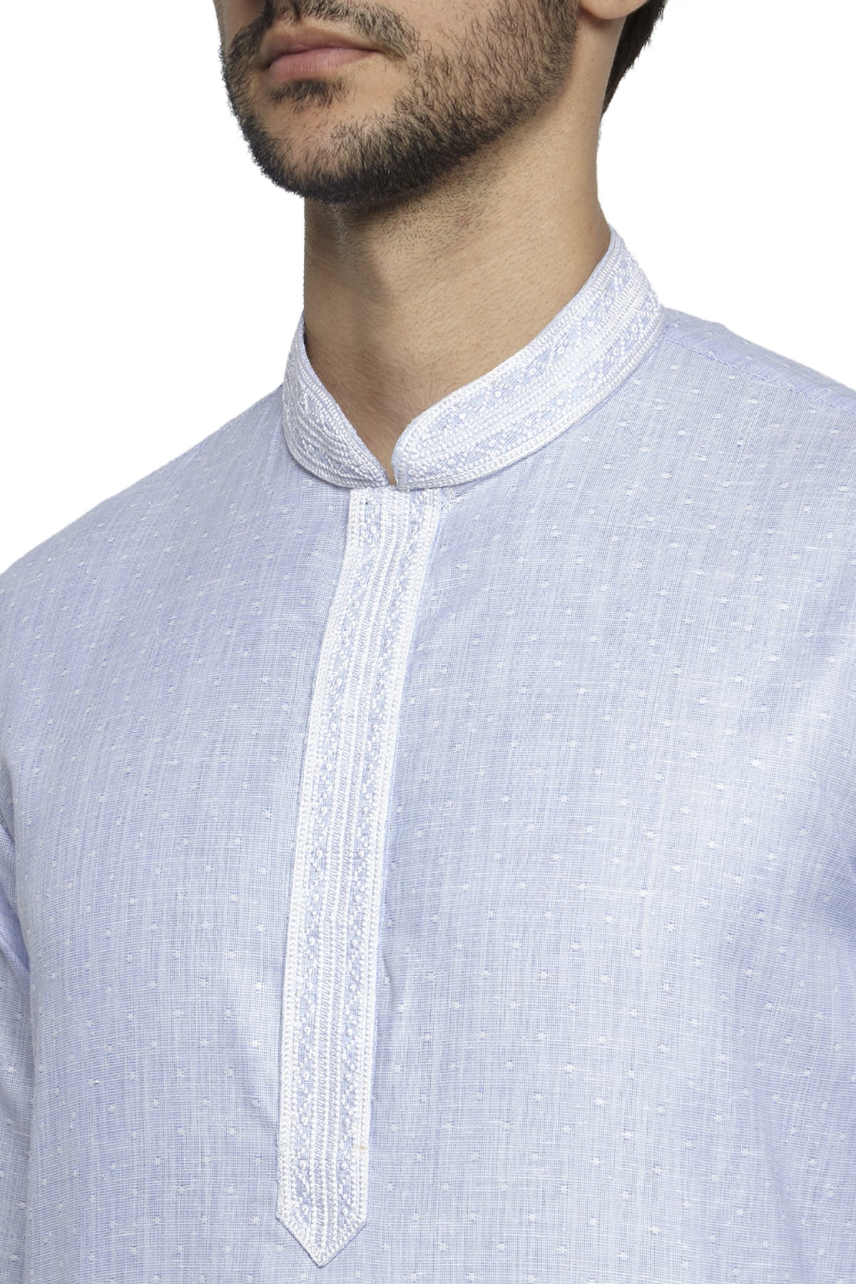 Men's blue embroidered knee-length kurta style 2, back view.