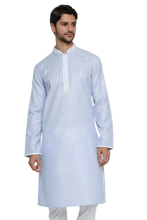 Men's blue embroidered knee-length kurta style 2, front view.