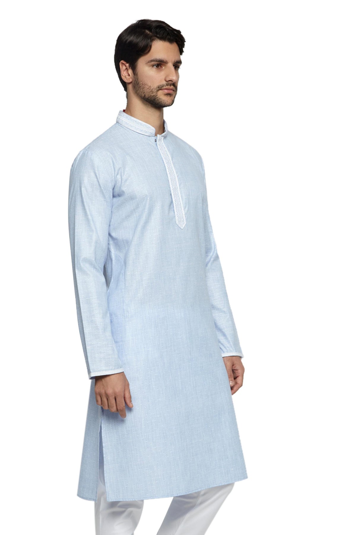 Men's blue embroidered knee-length kurta style 2, side view.