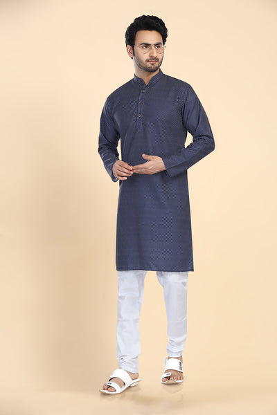 Men's blue folk-print cotton knee-length kurta, alternate front view.