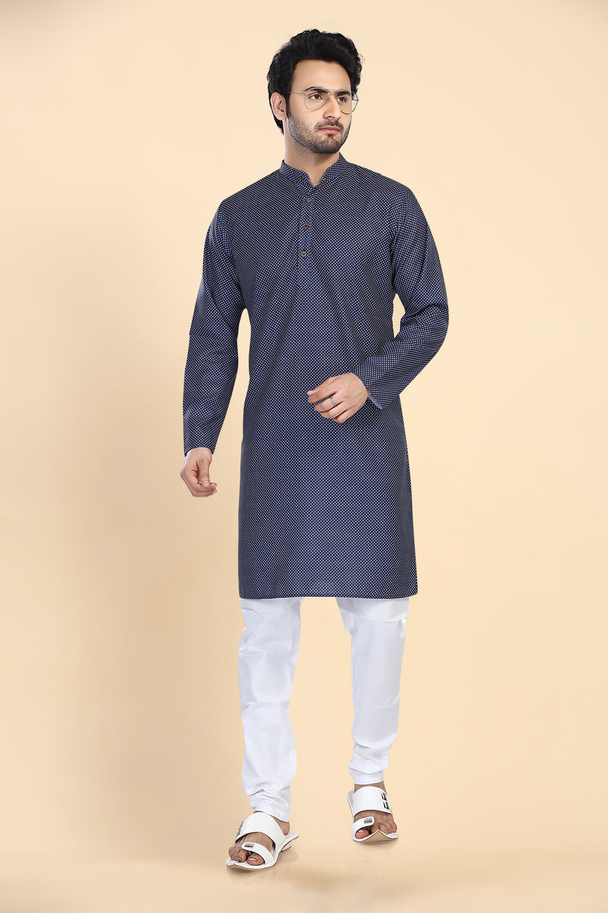 Men's blue folk-print cotton knee-length kurta, alternate side view.