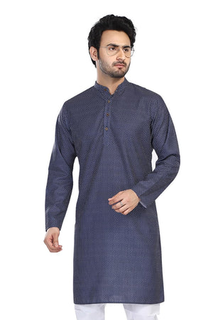 Men's blue folk-print cotton knee-length kurta, front view.