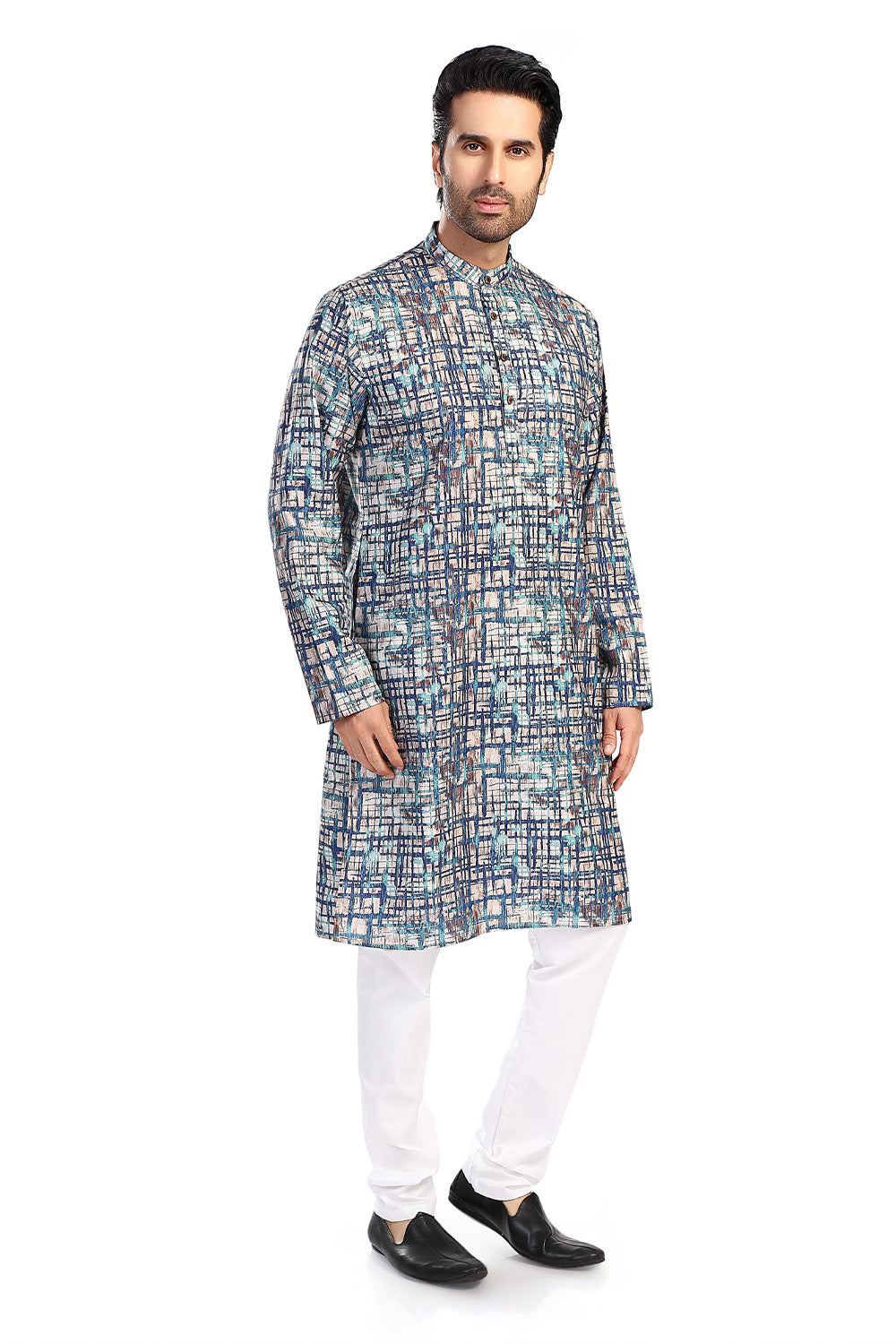 Men's blue folk-print cotton knee-length kurta style 2, alternate front view.