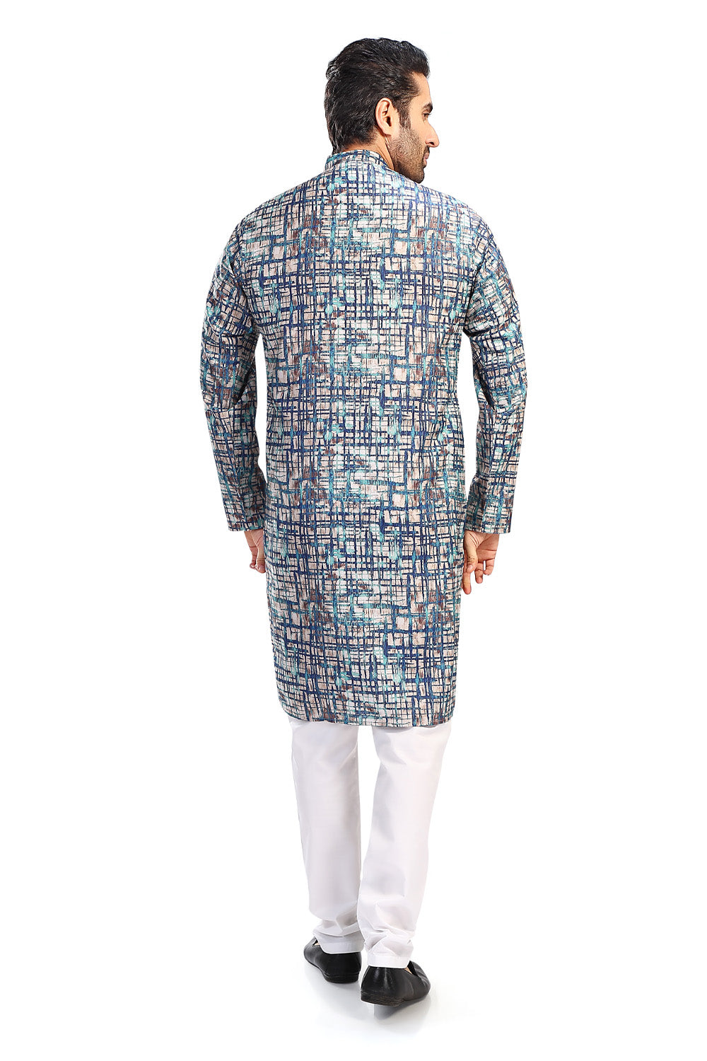 Men's blue folk-print cotton knee-length kurta style 2, alternate side view.