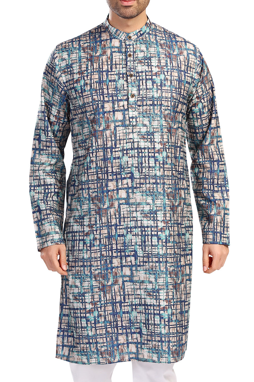 Men's blue folk-print cotton knee-length kurta style 2, back view.