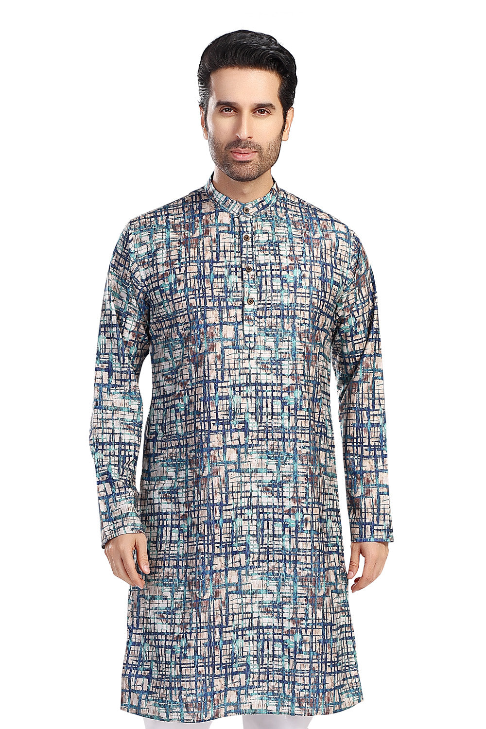 Men's blue folk-print cotton knee-length kurta style 2, front view.