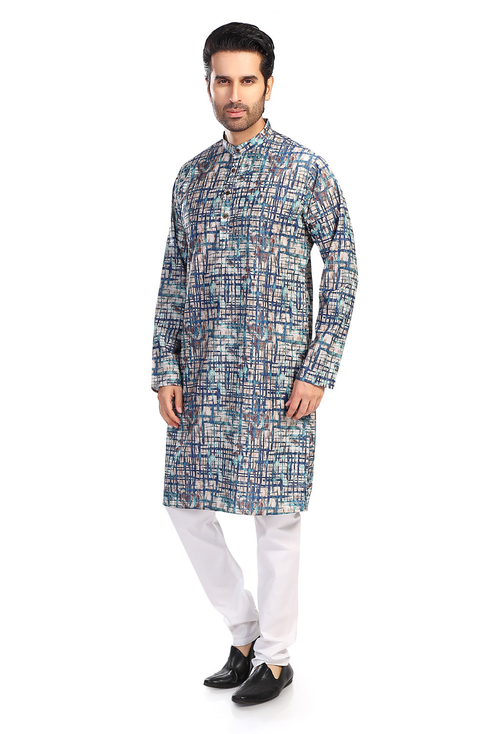 Men's blue folk-print cotton knee-length kurta style 2, side view.