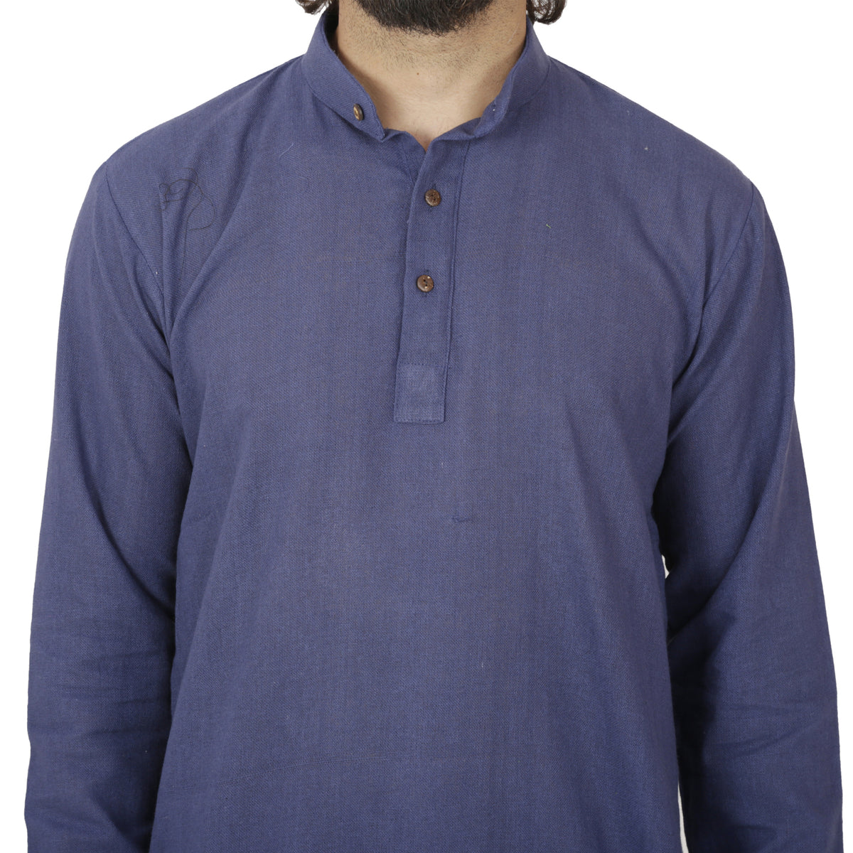 Close-up of In-Sattva's men's blue handmade khadi cotton thigh-length kurta tunic, showing the short button placket, brown buttons and textured khadi cotton fabric.