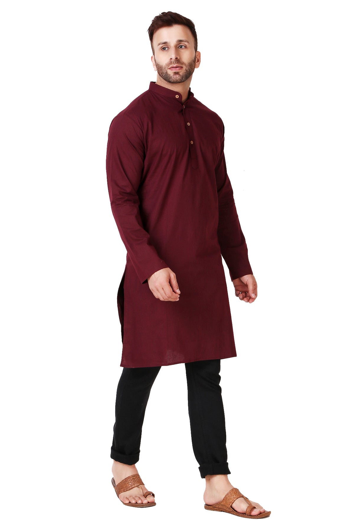 Men's brown cotton band collar knee-length kurta, alternate front view.