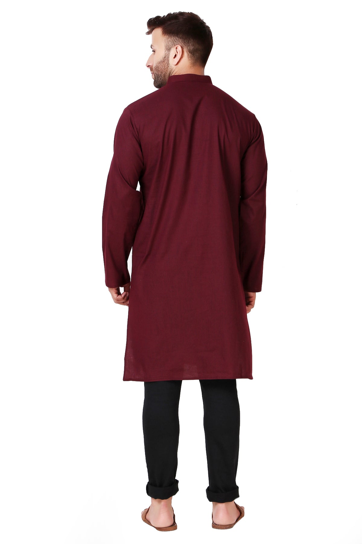 Men's brown cotton band collar knee-length kurta, alternate side view.