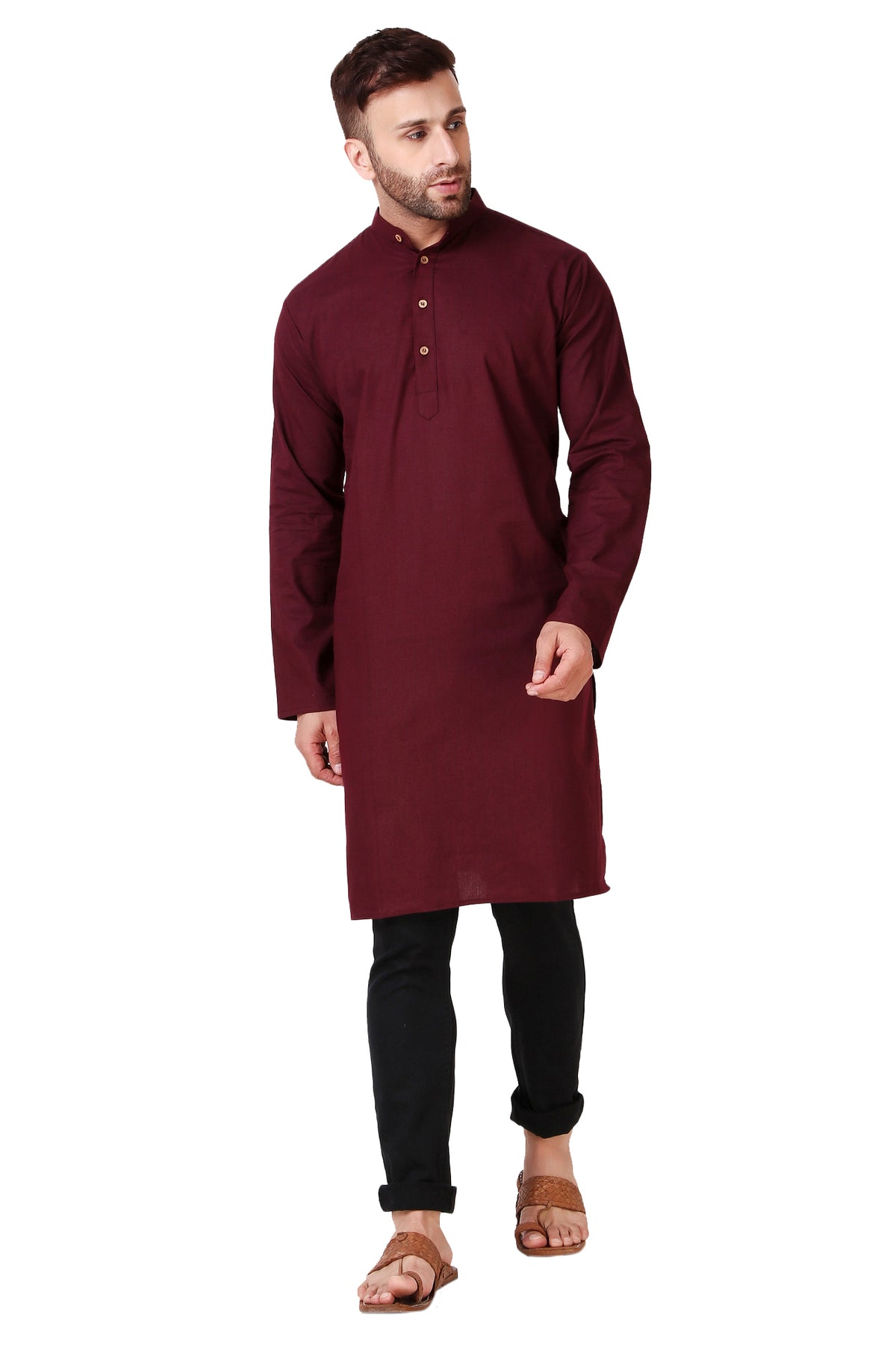 Men's brown cotton band collar knee-length kurta, back view.
