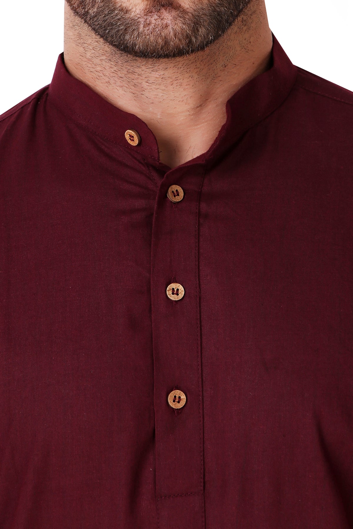 Men's brown cotton band collar knee-length kurta, close-up detail.