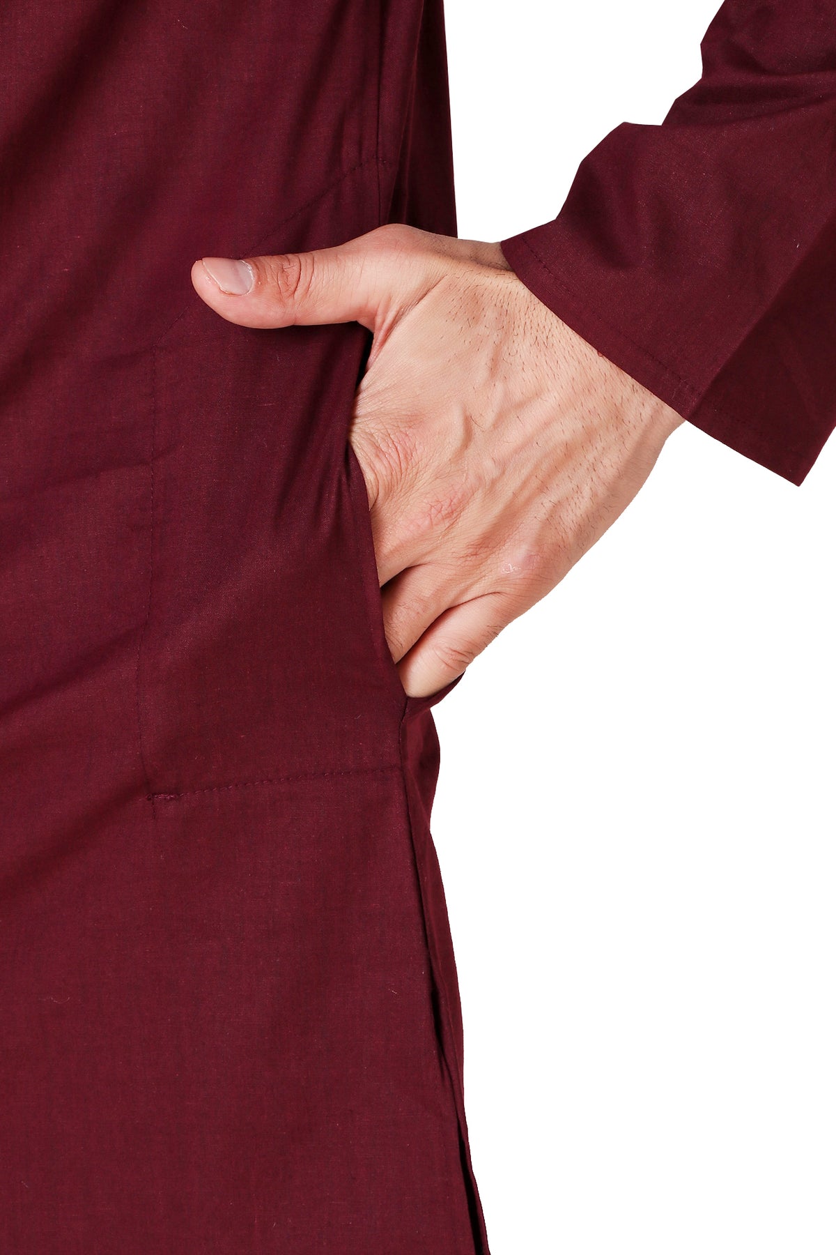 Men's brown cotton band collar knee-length kurta, collar and neckline detail.