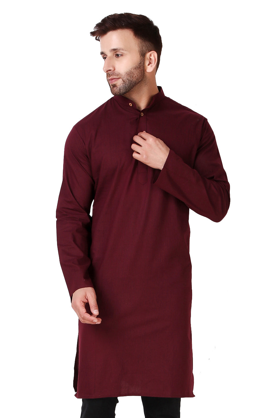 Men's brown cotton band collar knee-length kurta, front view.