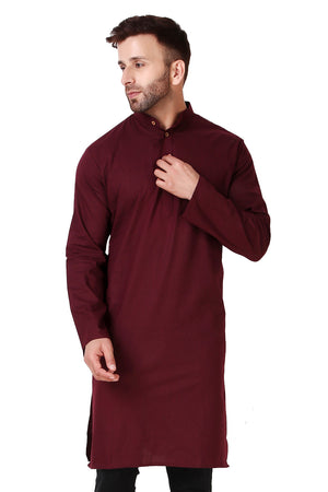 Men's brown cotton band collar knee-length kurta, front view.